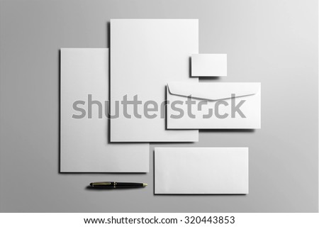 Corporate Stationery, Branding Mock-up, deep shadows, with clipping path, isolated, changeable background. Royalty-Free Stock Photo #320443853