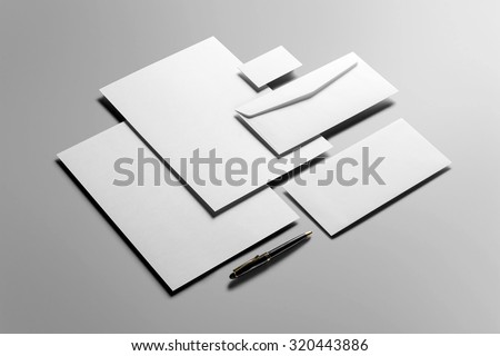 Corporate Stationery, Branding Mock-up, deep shadows, with clipping path, isolated, changeable background. Royalty-Free Stock Photo #320443886