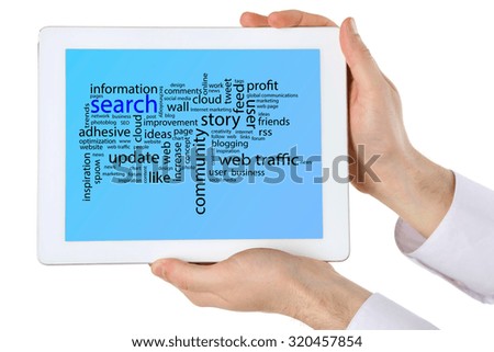 Connected words on touch-screen tablet-pc, isolated on white