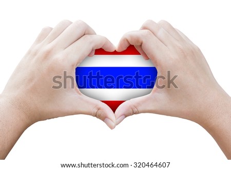 hands in the shape of heart with symbols of the flag of Thailand,isolated background