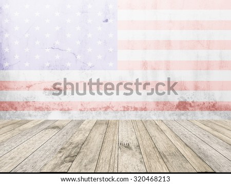 Perspective wood plank floor or walk way with America flag on dirty white wall background for art interiors design in home, house, building, shop, store, art ,coffee shop