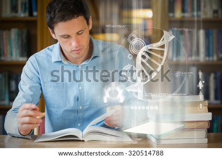 Illustration of DNA against serious mature student studying at library desk