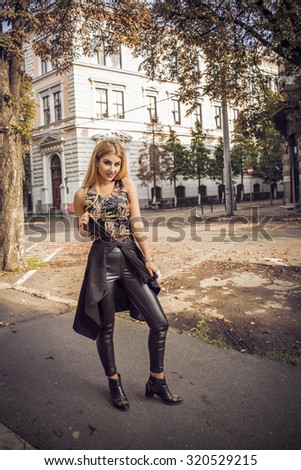 Fashion stylish woman city street style shooting