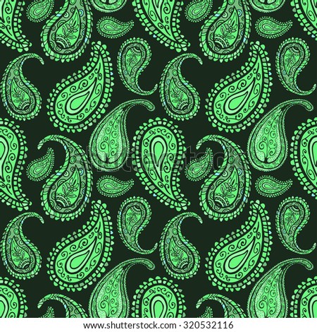 Hand drawn seamless pattern with paisley retro ornament . green background for textile, fashion fabric, wallpaper, wrapping paper etc