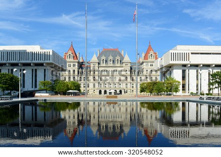 New York State Capitol building in downtown Albany, New York NY, USA. This building was built with Romanesque Revival and Neo-Renaissance style in 1867. Royalty-Free Stock Photo #320548052