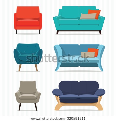 Living room furniture design concept set with modern home interior elements isolated vector illustration Royalty-Free Stock Photo #320581811