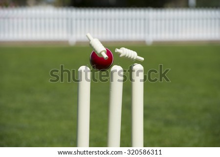 Bails fly from cricket stumps as ball hits on grass field