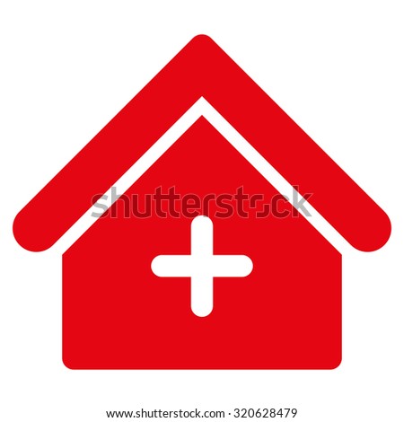 Clinic vector icon. Style is flat symbol, red color, rounded angles, white background.