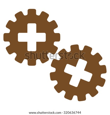 Medical Gears vector icon. Style is flat symbol, brown color, rounded angles, white background.