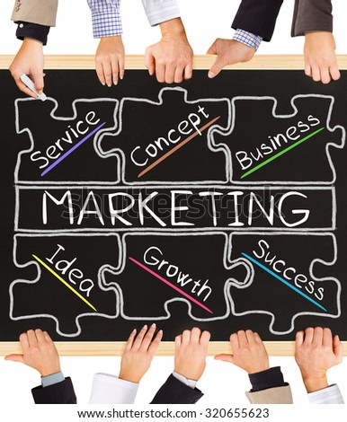 Photo of business hands holding blackboard and writing MARKETING diagram