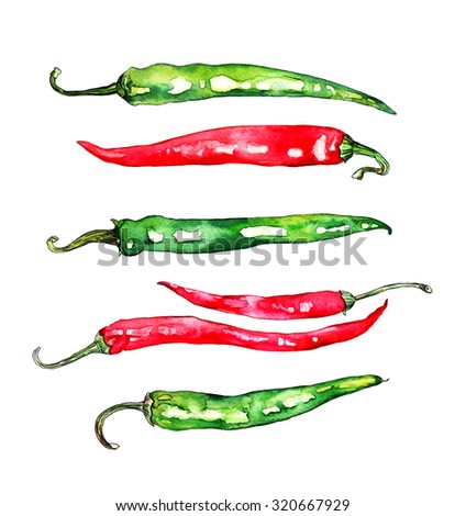 Chilli - a collection of hand-drawn watercolor red and green peppers
