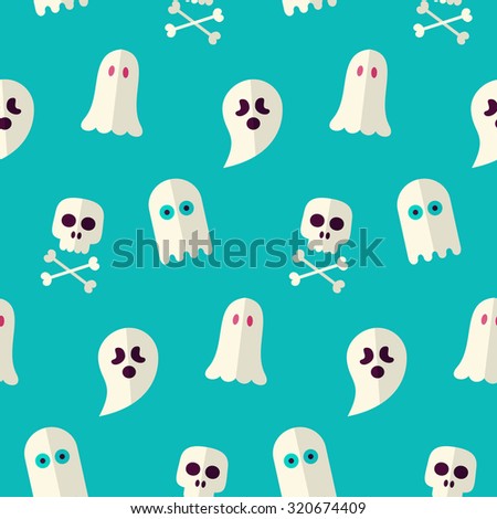 Vector Flat Seamless Scary Ghost and Spirit Halloween Pattern. Flat Design Vector Seamless Texture Background. October Magic Holiday Halloween Party Template. Death and Rest in Peace

