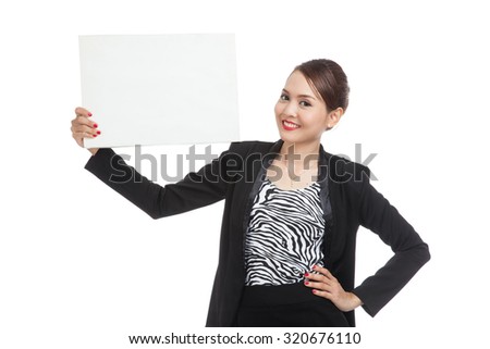 Young Asian business woman with white blank sign  isolated on white background