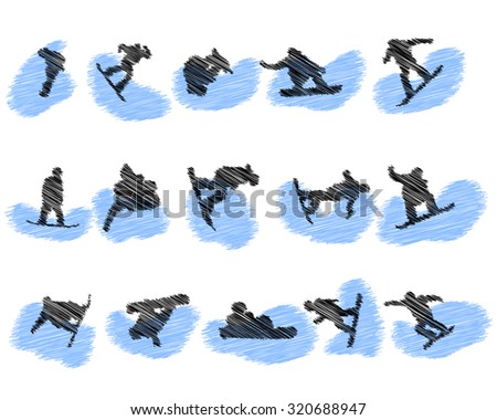 Set of snowboard athlete scribble silhouettes. Vector illustration.