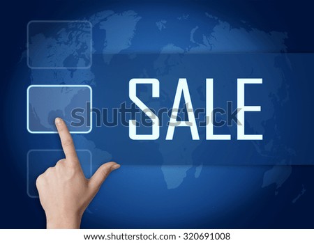 Sale concept with interface and world map on blue background