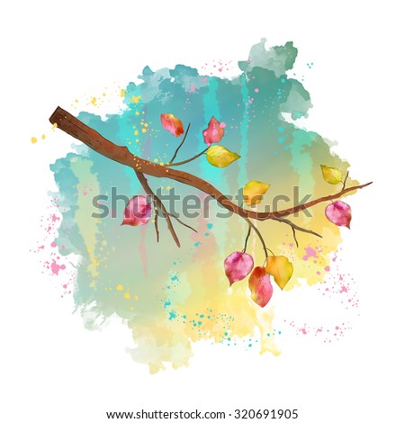 Watercolor autumn tree branch on painted spot background. Vector hand drawn fall illustration