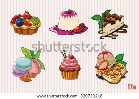 Set of sweet bakery dessert.