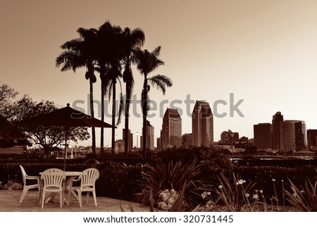 San Diego dawn in early morning with palm tree silhouette in BW.
