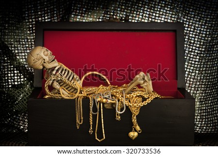 Human Skeleton keeping watch his gold and Valuable thing,Still life ,Retro dark style
