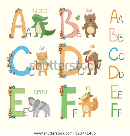  alphabet with  cartoon animals. cute vector zoo. alligator, bear, cat, dog, elephant, fox