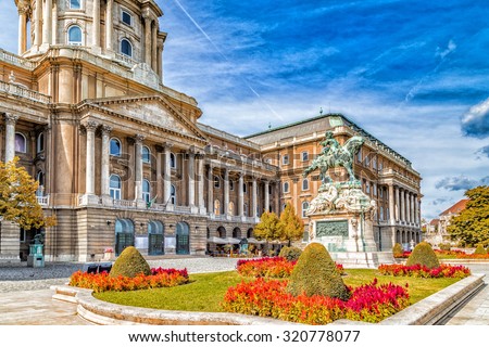Buda Castle and equestrian  statue of Prince Eugene of Savoy in Budapest, Hungary Royalty-Free Stock Photo #320778077