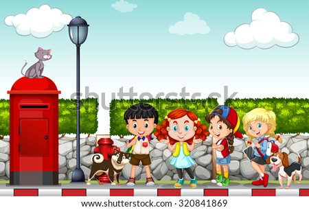 Children hanging out at the side walk illustration