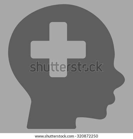 Head Medicine glyph icon. Style is flat symbol, dark gray color, rounded angles, silver background.