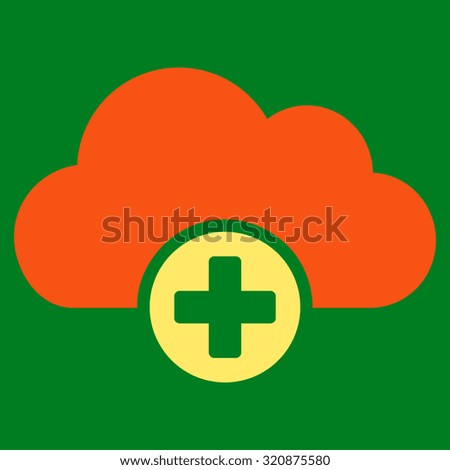 Cloud Medicine glyph icon. Style is bicolor flat symbol, orange and yellow colors, rounded angles, green background.
