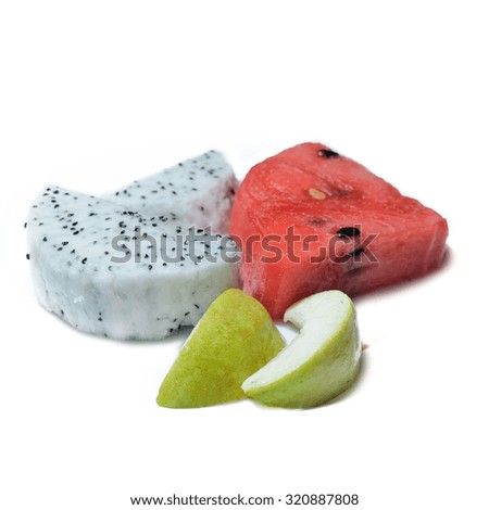 Watermelon, guava, dragon fruit slit on isolate white background
