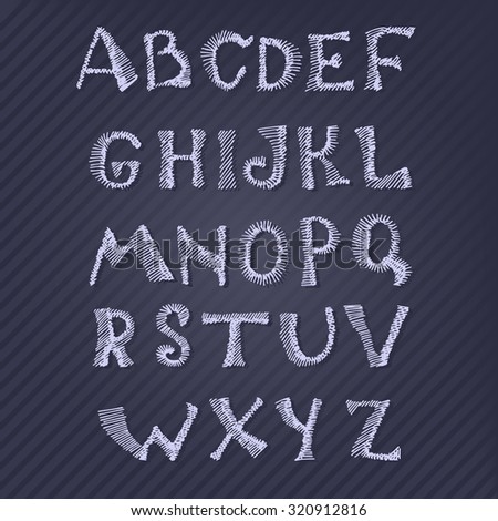 Vector Hand drawing alphabet and numbers. Hatched symbols on violet background