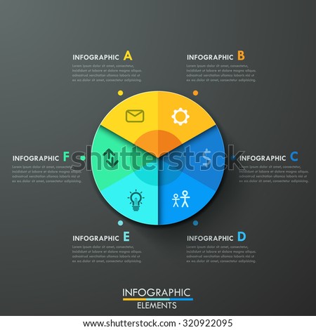 Modern infographics paper pie chart template for 6 options on dark background. Vector. Can be used for web design and  workflow layout