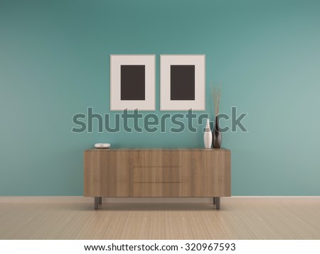 living room green mint wall on wood floor interior with cabinet-rendering