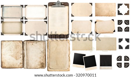 Old paper sheets, vintage photo frames and corners, open book, antique clipboard isolated on white background