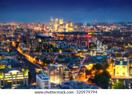 Blur background. London at sunset, panoramic view city lights