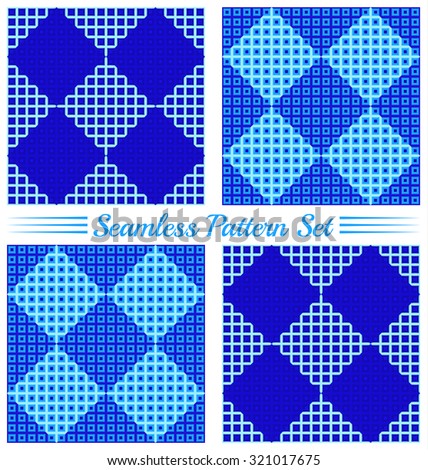 Set of 4 abstract stylish geometric seamless patterns with various size squares of blue shades