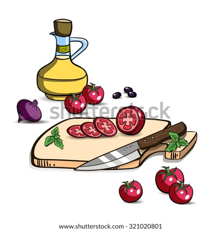 Hand drawn colorful ripe vegetables and knife on the cutting board. Vector illustration