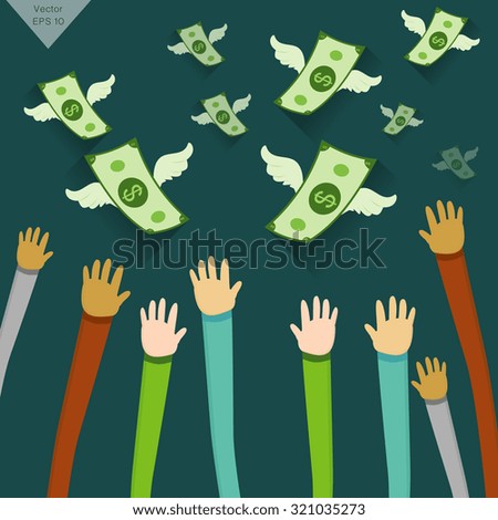 Hand and Money object illustration with wings flying on  background