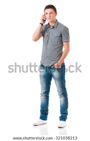 Young man talking on mobile, isolated on white background 