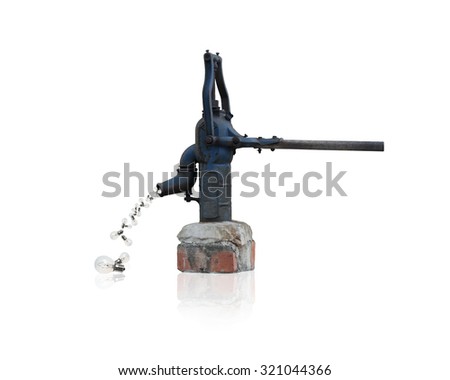 Light bulbs flowing out from retro water pump, isolated on white background.