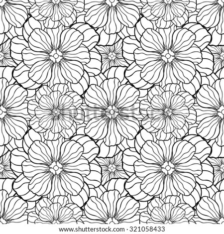 Seamless creative hand-drawn pattern composed of wavy stylized flowers in black and white colors. Vector illustration. Royalty-Free Stock Photo #321058433