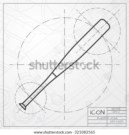Vector classic blueprint of baseball bat icon on engineer and architect background 