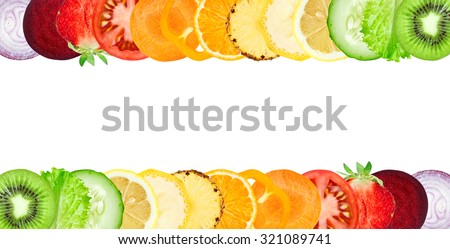 Color fruit and vegetable slices on white background. Food concept Royalty-Free Stock Photo #321089741