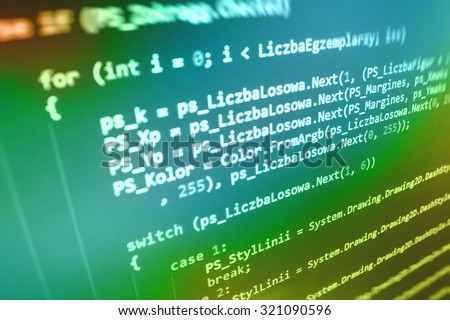 Computer programming source code abstract screen of software developer. Digital technology modern background. Shallow depth of field, selective focus effect. Code text written and created by myself