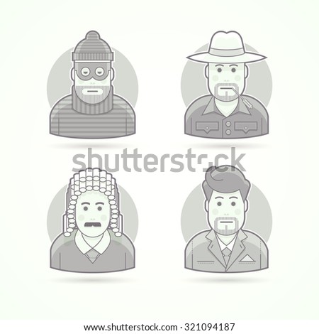 Thief, farmer, judge, businessman icons. Character, avatar and person illustrations. Flat black and white outlined style.