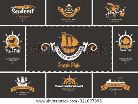 set of business cards with logos on the theme of seafood