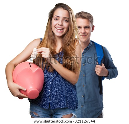 young woman saving with her piggy bank