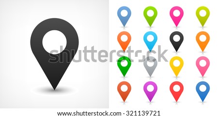 Map pin sign location icon with drop shadow in flat simple style. Black, blue, cobalt, yellow, green, red, magenta, orange, pink, violet, purple, gray, brown shapes on white background. Vector 8 EPS