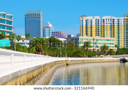 Beautiful view of the Tampa skyline from Bayshore Boulevard with Tampa Bay water in the foreground