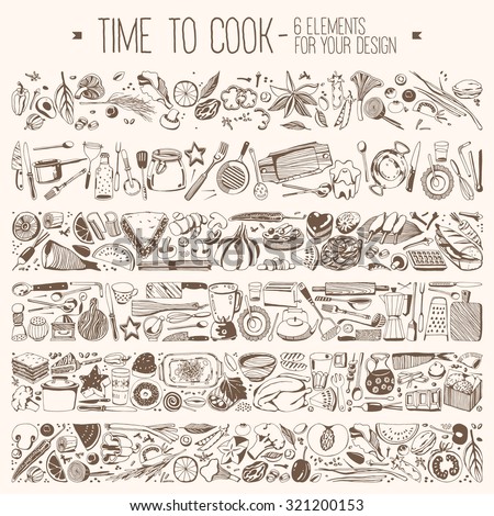 Time to cook - Set elements for your design, vegetables, kitchen tools, food Royalty-Free Stock Photo #321200153
