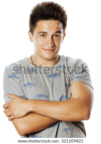 young attractive man isolated thinking emotional on white close up gesturing